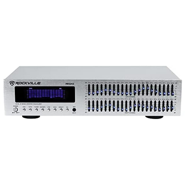 Rockville REQ42-S Dual 21-Band Graphic Equalizer, Blue LED Sliders, RCA Inputs, Rack Mountable, for Home Theater and DJ Audio