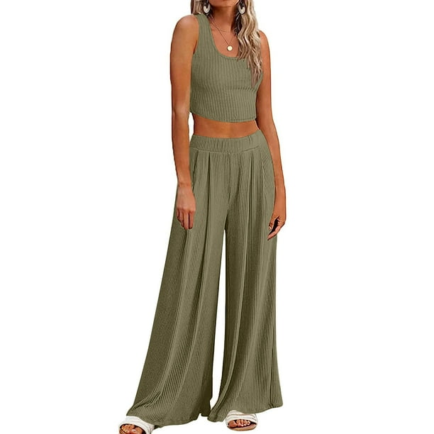 Puntoco Conjunto De Dos Piezas De Punto para Mujer, Color Sólido, Informal, Sin Mangas, para Yoga, Pierna Ancha, Pantalones Puntoco Puntoco-5767
