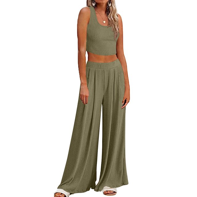 Puntoco Conjunto De Dos Piezas De Punto para Mujer, Color Sólido, Informal, Sin Mangas, para Yoga, Pierna Ancha, Pantalones Puntoco Puntoco-5767