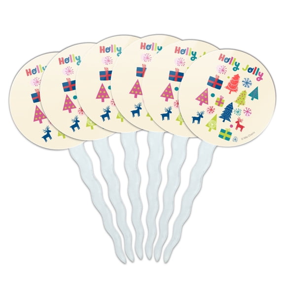 Holly Jolly Christmas Cupcake Picks Toppers Decoration Set of 6