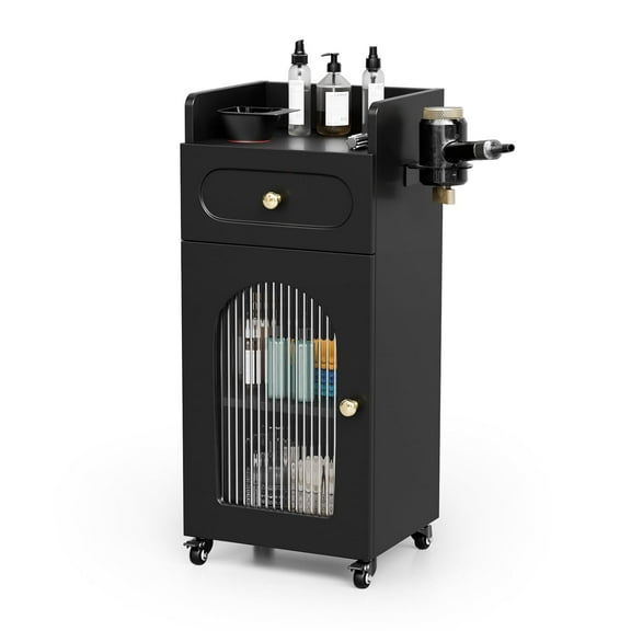 Salon Trolley Cart with Wheels, Hair Cart Mobile Storage Cabinet with Glass Door & Dryer Holder, Esthetician Cart Rolling Salon Station for Barber Beauty Spa Tattoo,Black