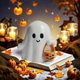 thumbnail image 5 of Cute Ceramic Halloween Ghost Figurine with Pumpkin Basket – Adorable Decorative Ornament for Home, Office, Party Table, Holiday Decor, 5 of 5