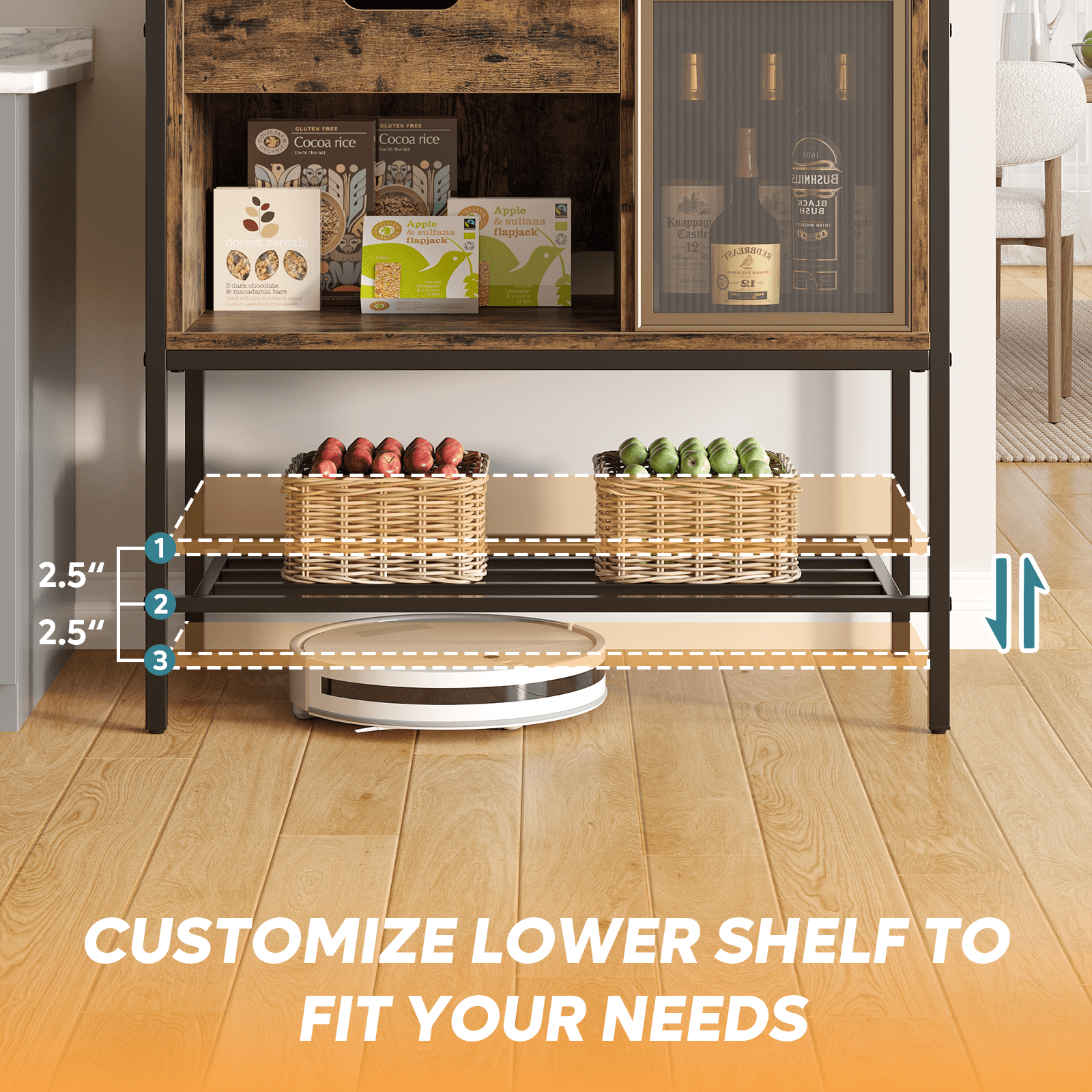 Besiter 60" Kitchen Baker's Rack with LED Light 6-Tier Microwave Stand with Storage Drawer Cabinet & 8 Hooks, Rustic
