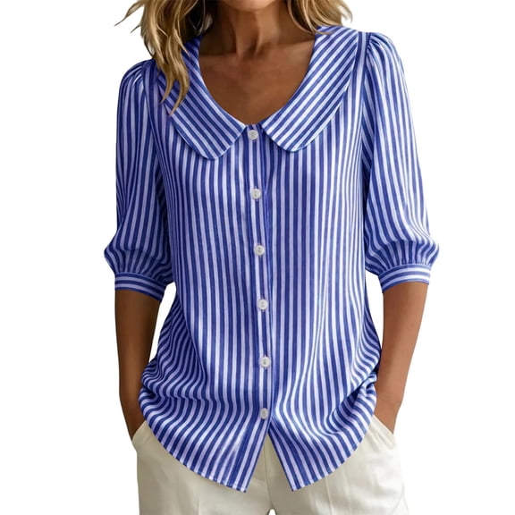 MORESEC Women Striped 3/4 Sleeve Button Down Blouse Collared Casual Loose Top for Summer Vacation Office Work Tee Shirts Travel Fashion Clothes, Dark Blue M