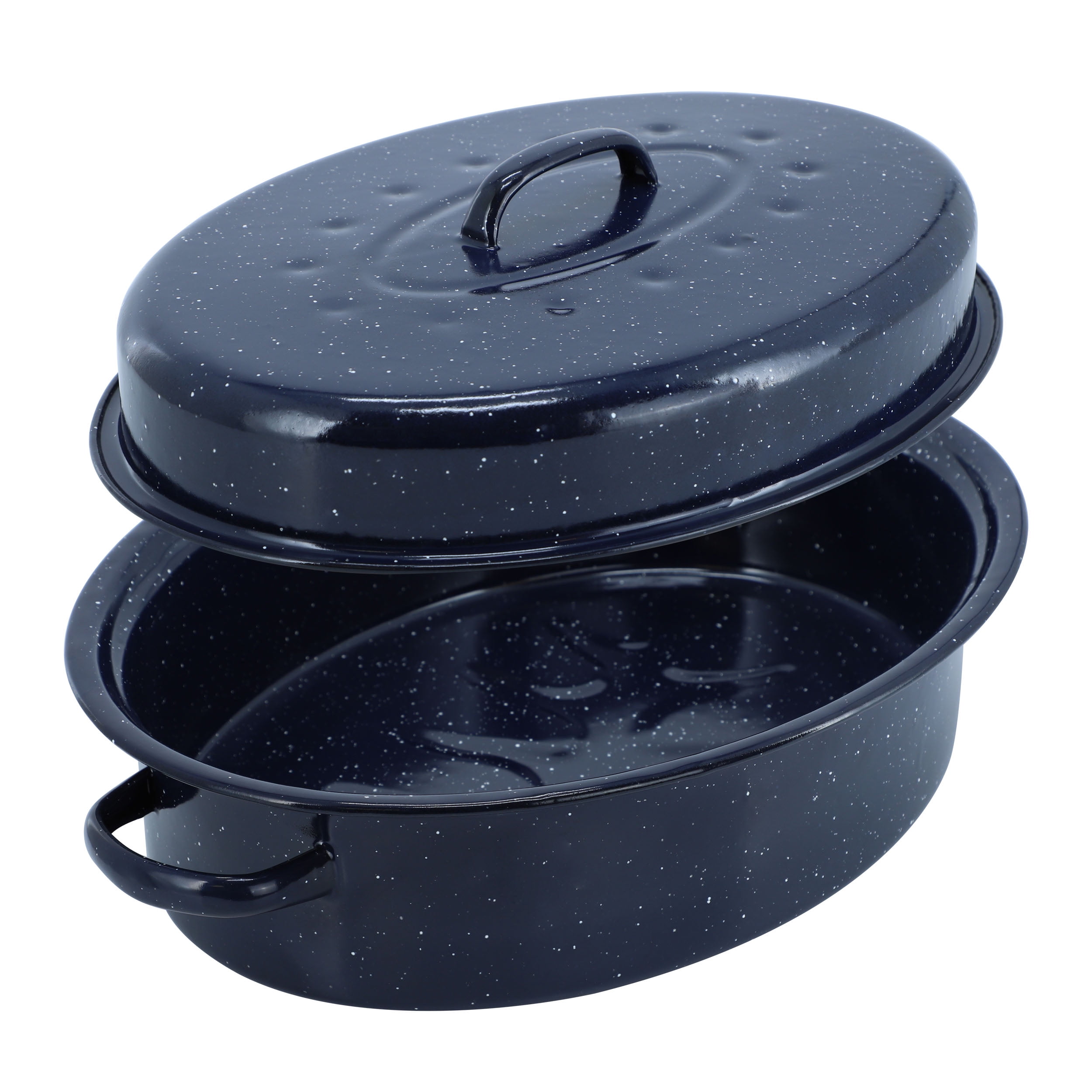 Oster Castillo 16.5 x 13 Inch Enamel on Steel Roaster Pan with Lid in Navy Blue