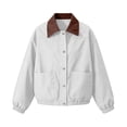 thumbnail image 4 of Women's Vintage Contrast Lapel Collar Bomber Jacket Elastic Cuffs Hem Loose Fit Cropped Jacket Fall Winter Casual Cargo Coat with Pocket White, 4 of 6