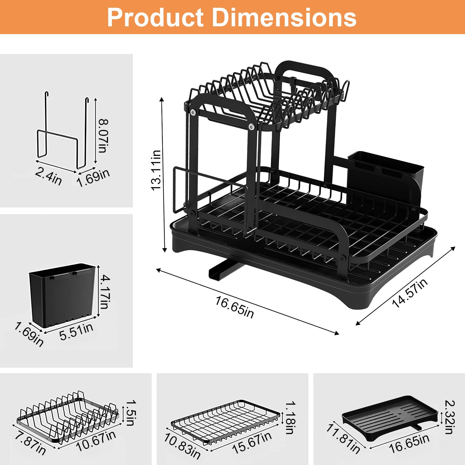 2-Tier Dish Drying Rack for Kitchen Counter TeqHome Rustproof Detachable Kitchen Drainer Organizer Set with Utensil Holder
