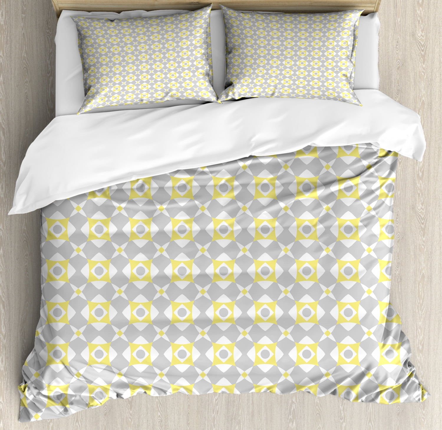 Grey and Yellow Duvet Cover Set, Tile Inspired Squares Rounds in