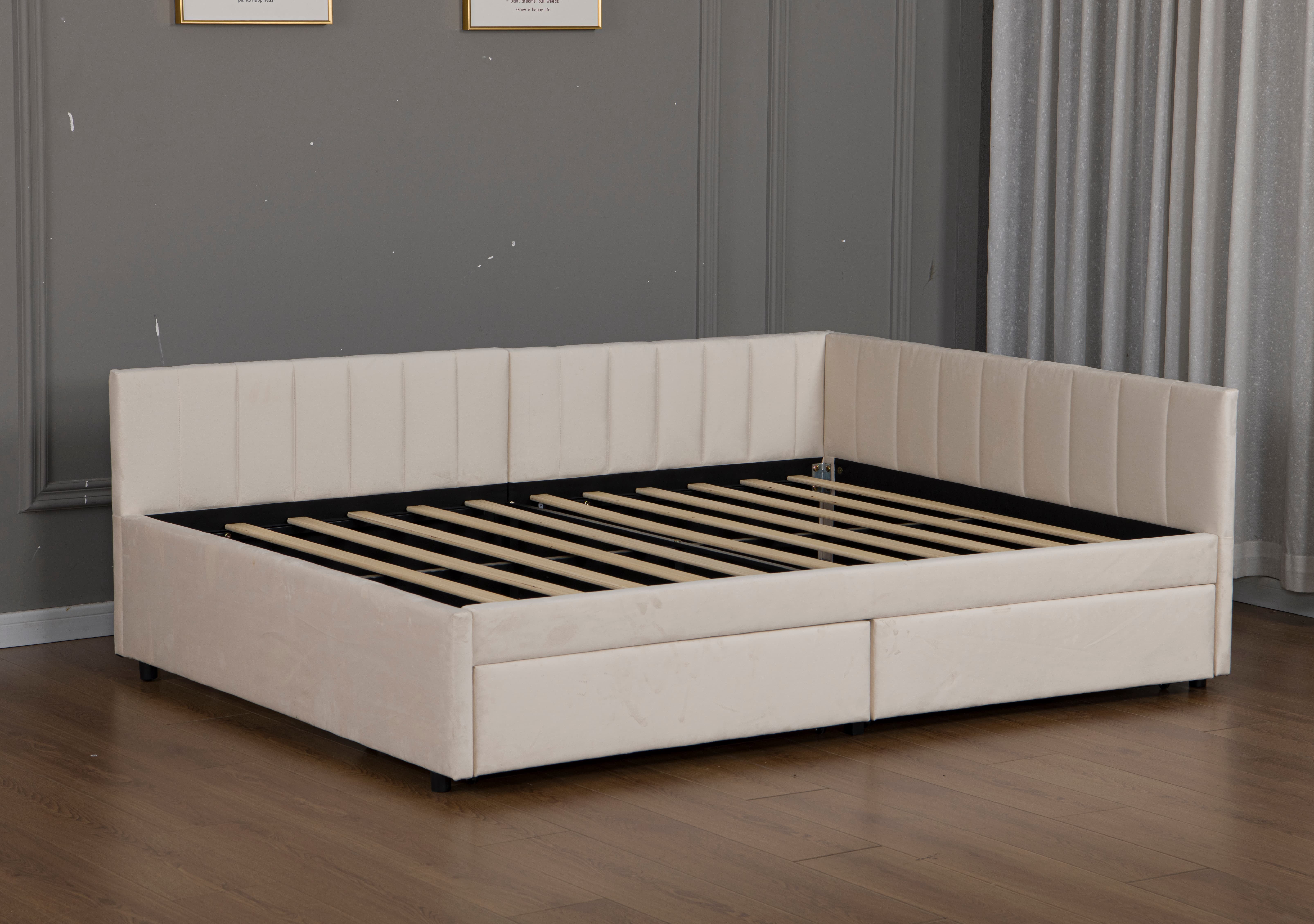 Full Size Daybed 79.1 Inch, Upholstered Corner Bed with L Shaped Headboard and 2 Storage Drawers for Living Room Guest Room, Beige