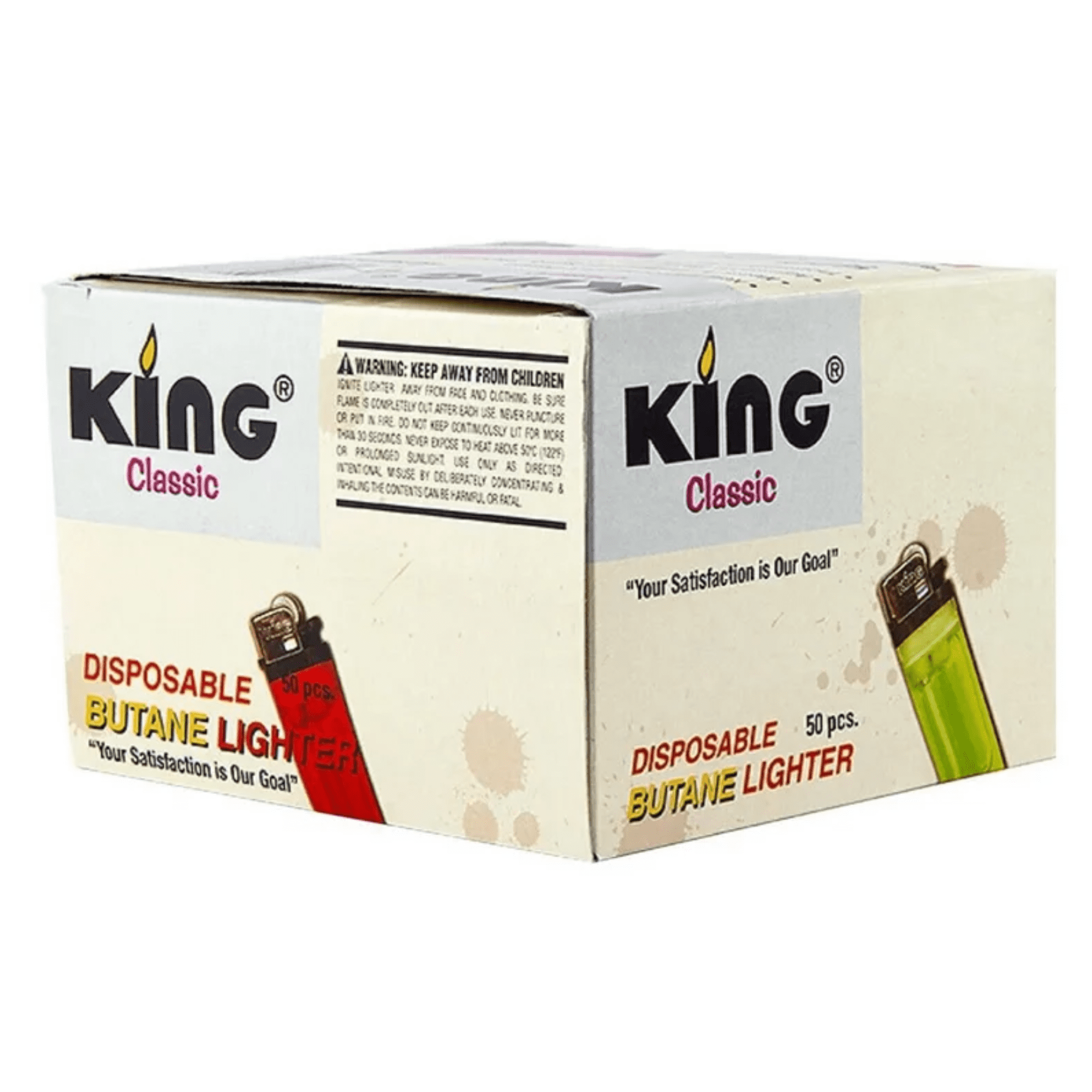 King Classic Disposable Butane Lighters Assorted Colors 50 Lighters Per Box 100 Count (Pack Of 2)