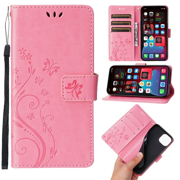 TECH CIRCLE Case for iPhone 15 (2023) - [Embossed Butterfly Tree Pattern] Protective PU Leather Wallet Case with [Card Holder /Wrist Strap] Fold Stand Folio Cute Cover Shell, Pink
