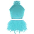 thumbnail image 3 of Hansber Big Girls Shiny Rhinestone Latin Jazz Ballroom Dancewear Dance Crop Tops and Feather Briefs Set Blue Green 6, 3 of 4