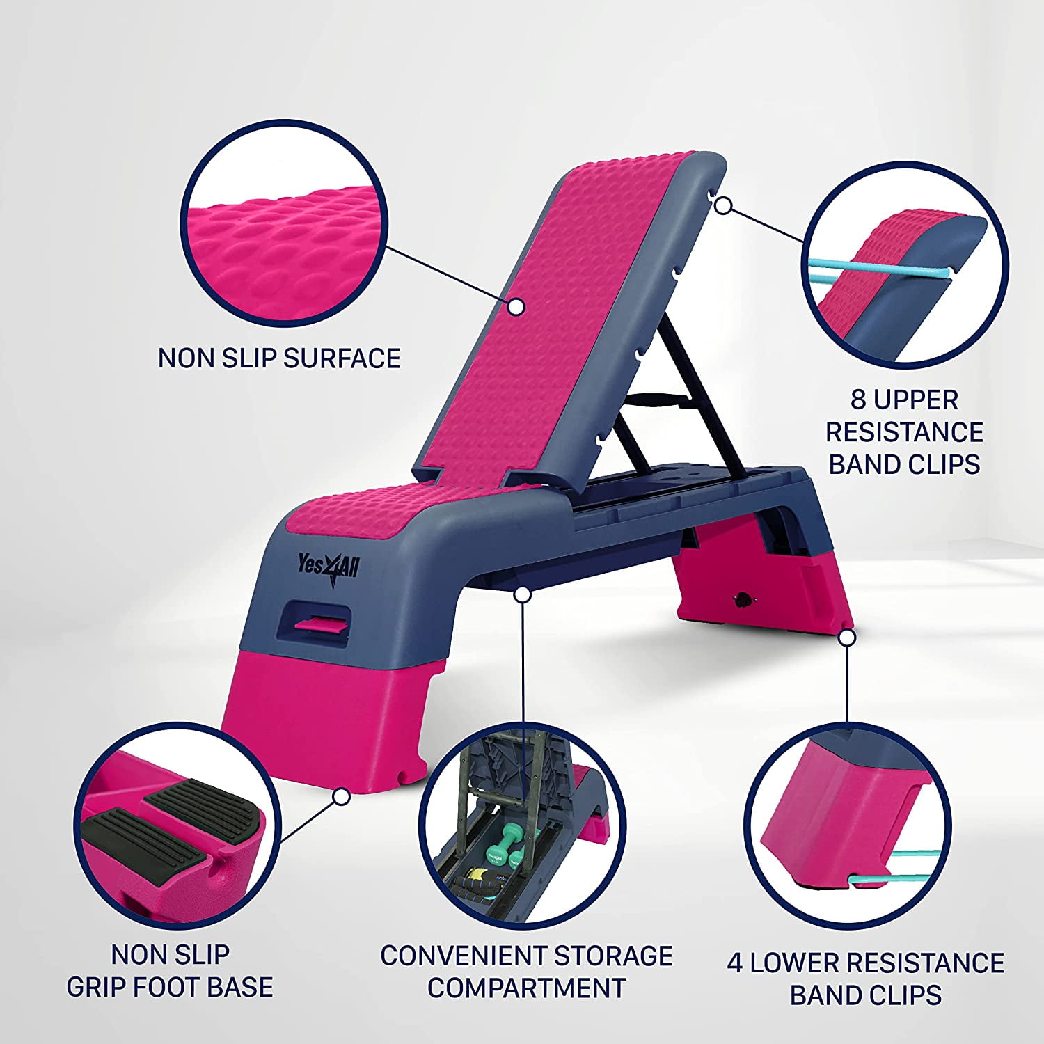 Yes4All Multifunctional Fitness Adjustable Gym Stepper Exercise Cardio Workout Bench Equipment Hot Pink and Navy Blue Walmart