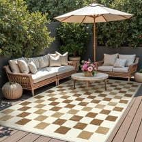 DEORAB Outdoor Rugs 6'X9' Chenille Patio Rug Three-Layer Material Imitation Silicone Spot Molding Camping Outside Rv Mat,BROWN & BEIGE