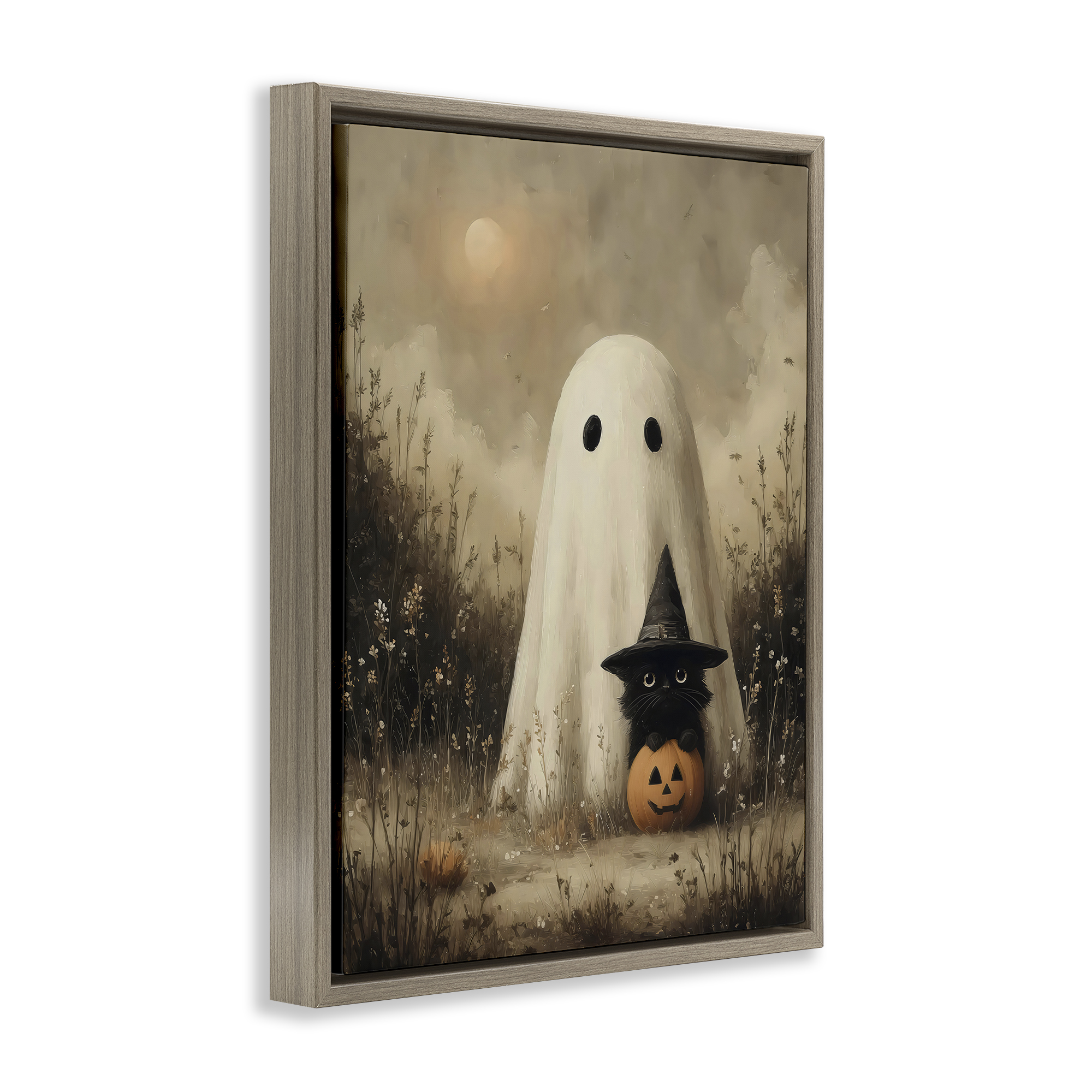 Ghost with Black Kitten Brown Framed Floater Canvas Wall Art, design by Arlington Prints