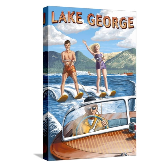 Art.com Lake George, New York - Waterskiers and Boat Stretched Canvas Print Wall Art by Lantern Press, 12" x 18"