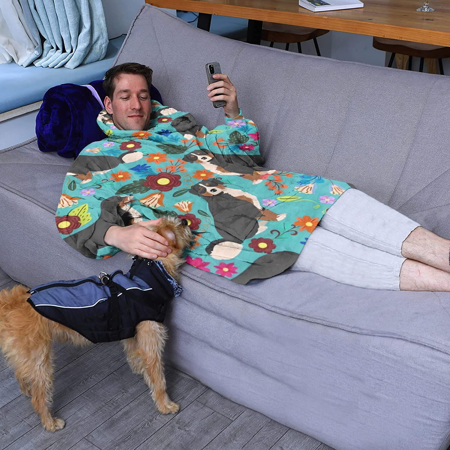 Wearable Oversized Blanket,Bernese Mountain and Flower Wearable Blanket Hoodie for Adults,Cozy Hooded Blankets with Super Pockets,Super Warm Fuzzy Pullover for Women & Men