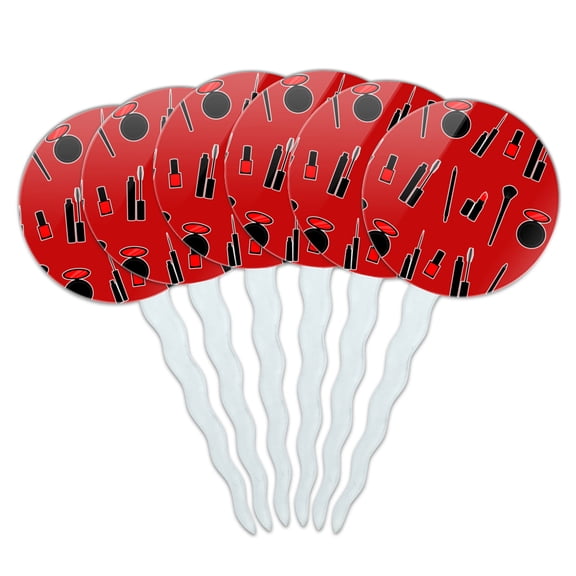 Makeup Lipstick Mascara Eyeliner Pattern Cupcake Picks Toppers Decoration Set of 6