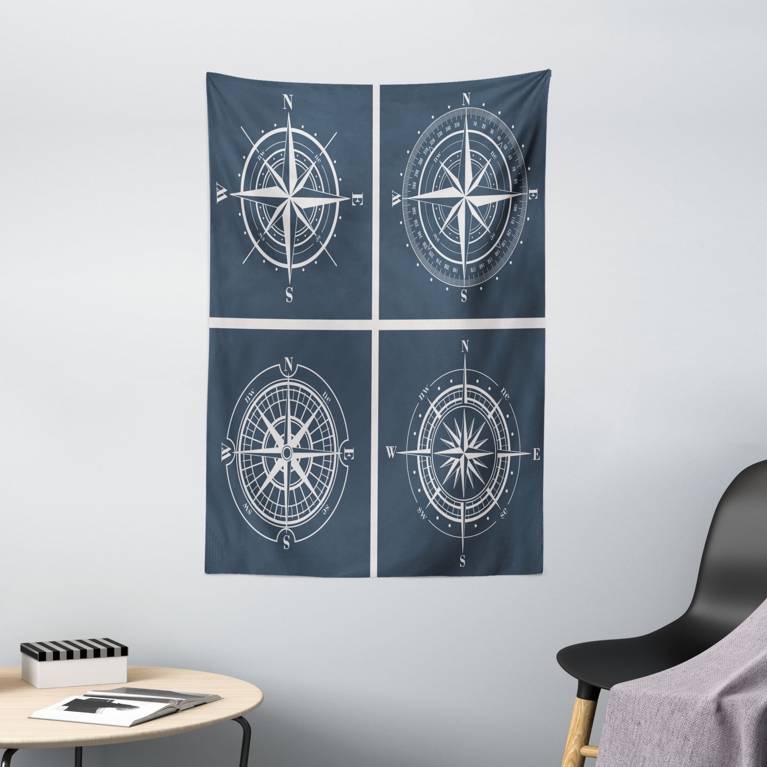 Compass Tapestry, White Compasses with Navy Blue Background Navigation Sailing Themed Art, Wall