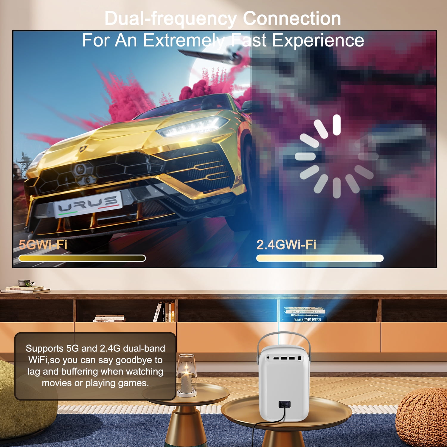 Portable Video Projector with WiFi and Bluetooth,1080P Supported,Electric Focus & Auto Keystone,Home Movie Projector for Bedroom,Wireless 300" Display