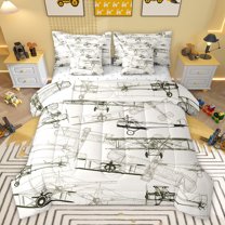 jejeloiu Aviation Aircraft 7-Piece Bedding Comforter Set,Ancient Airplane Pattern King Bedding Sets,Light Gray Black Bed Sheets For Teens,Luxury Bedroom Decor Reversible