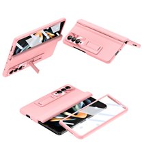 ELEHOLD Leather Folding Case for Samsung Galaxy Z Fold 3, Full Body Hinge Protection Case with Built-in Screen Protector Shockproof Protective Hidden Kickstand for Samsung Z Fold 3, Pink