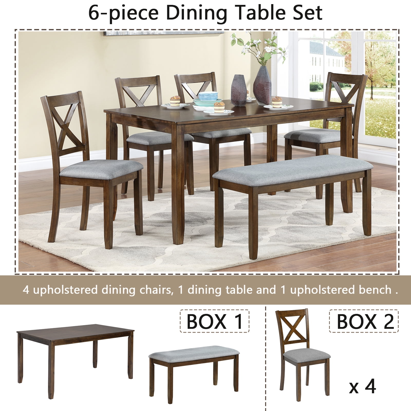 HOQBN 6 PieceKitchen Dining Table Set,Rectangular Wooden Dining Table with 4 Upholstered Chairs and a Bench, Dining Table Set for 6 People, Living Room, Home Bar and Kitchen,Walnut