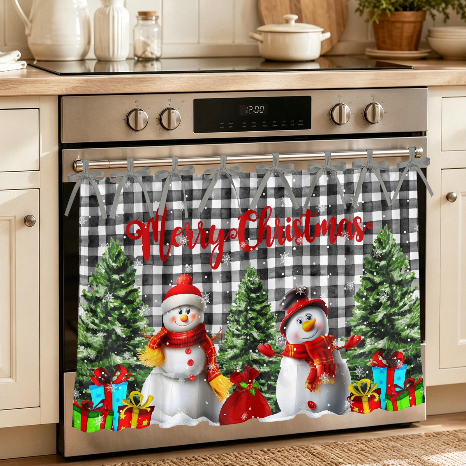 Oven Curtain for Kitchen Merry Christmas Snowman Stove Curtain With Ruffled Trim Dishwasher Curtains Black White Plaid Oven Skirt 30 x21.5