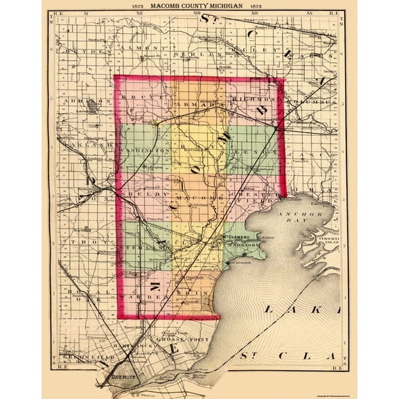 Historic County Map - Macomb County Michigan - Walling 1873 - Vintage Wall Art