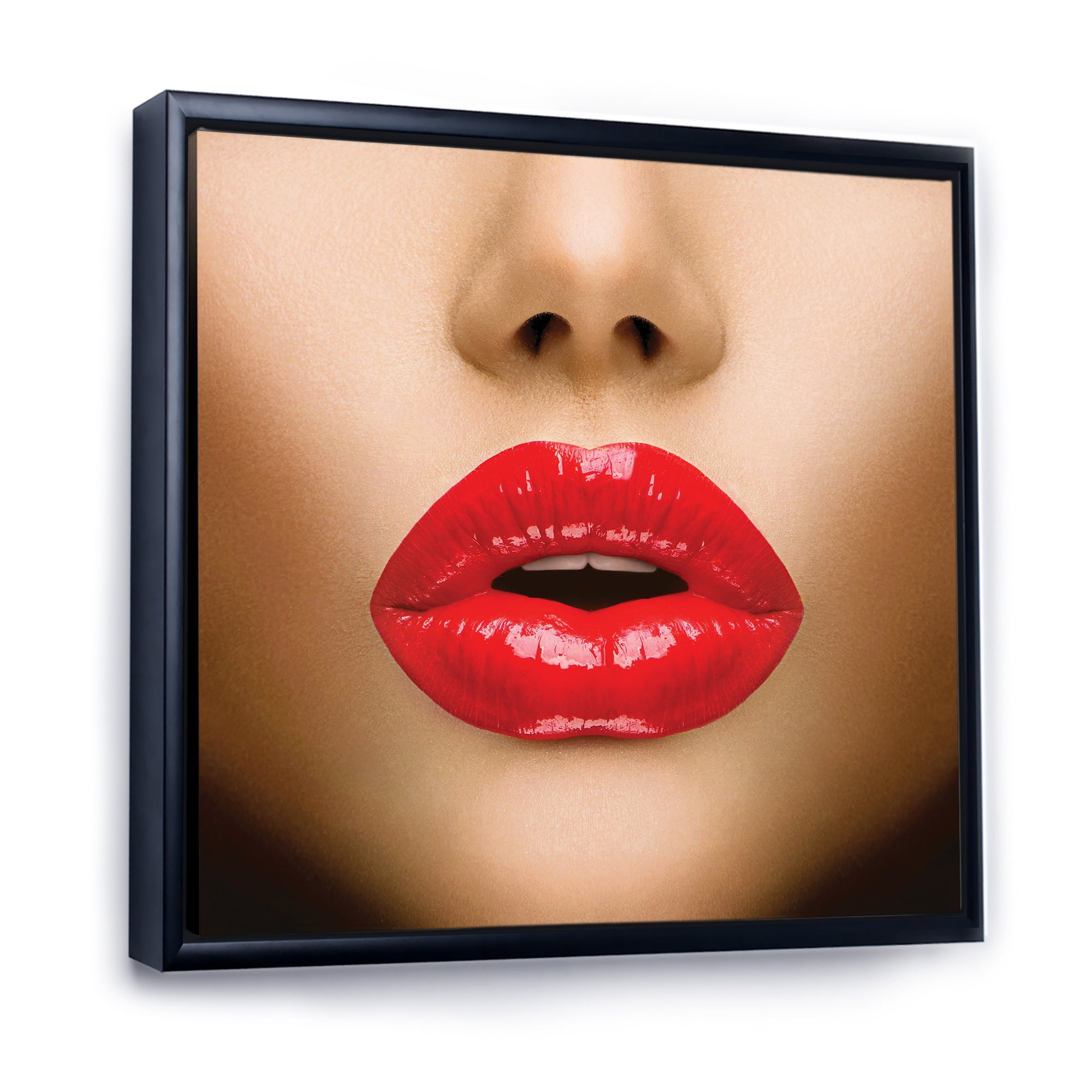 Designart 'Sexy Woman Lips Beautiful Make-Up Close-Up Kiss' Modern Framed Canvas Wall Art Print