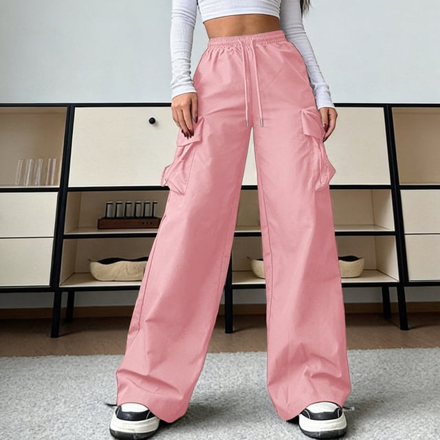 Neewe Womens High Waisted Loose Casual Long Straight Cargo Pants Elastic Drawstring Trousers with Pockets