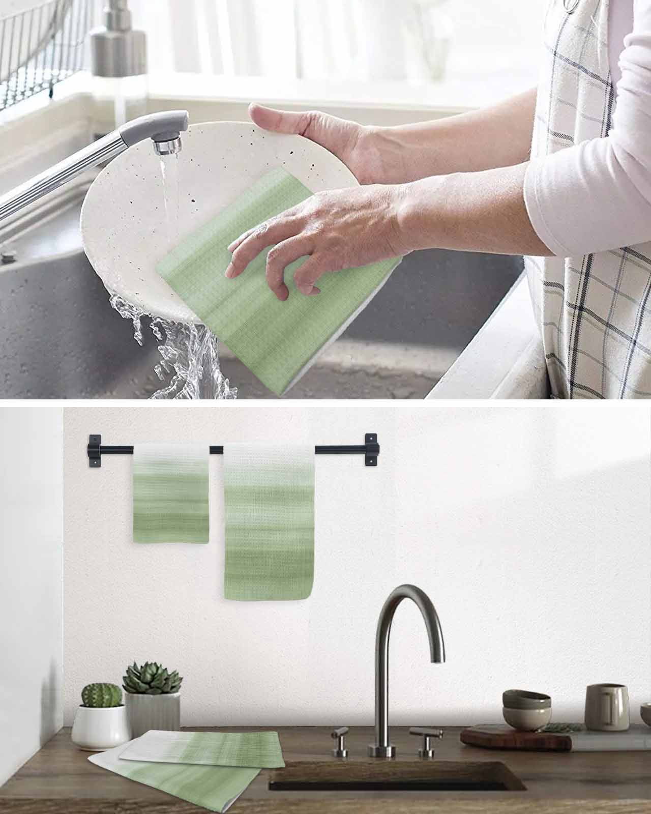 Sage Green White Ombre Kitchen Dish Towels for Drying Dishes Set of 4, Country Modern Stripes Lines Waffle Weave Microfiber Terry Hand Tea Bathroom Towels Quick Dry & Absorbent Towel 12x12