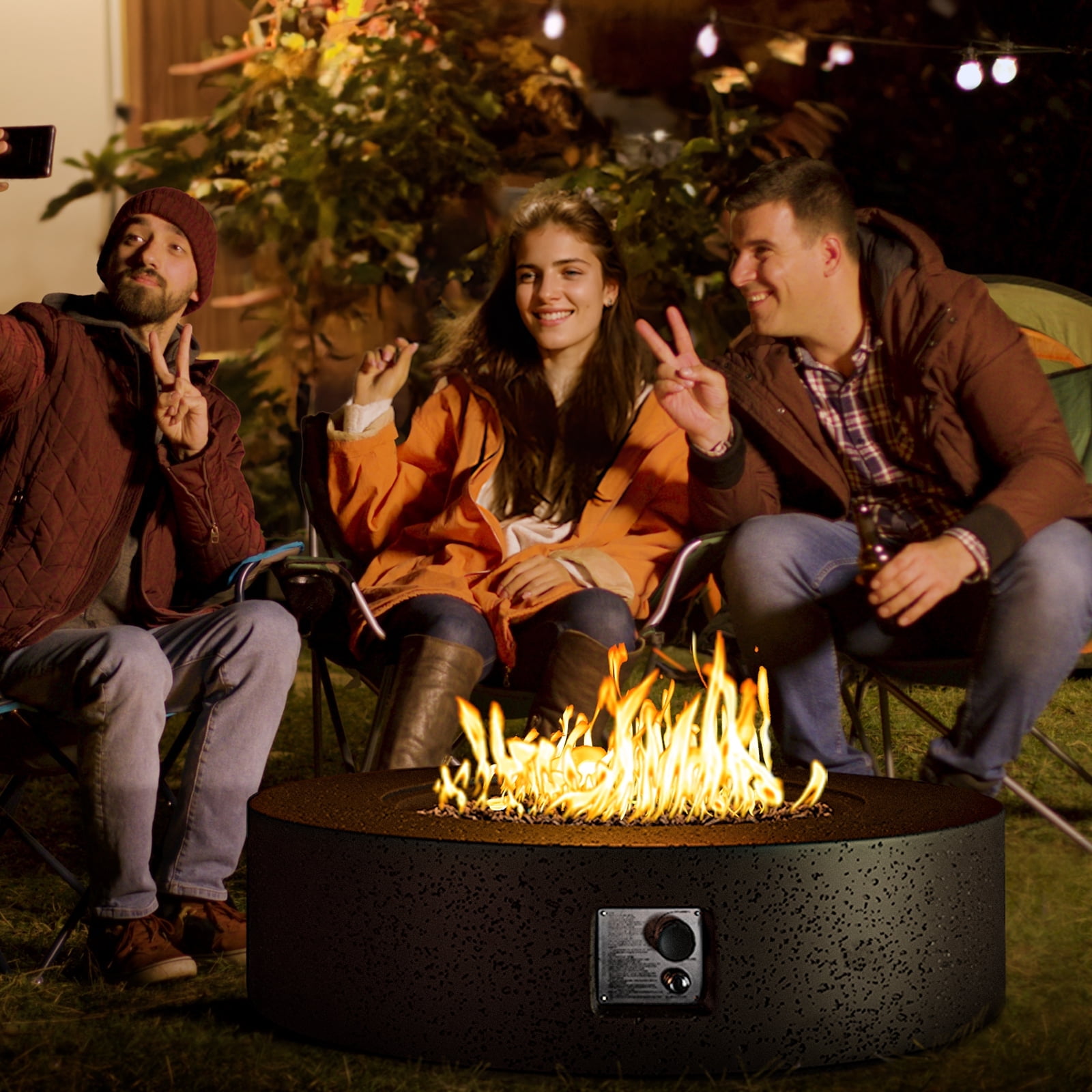 VENTOPYR 40.5-inch Outdoor Propane Fire Pit Coffee Table  Concrete Round Base Patio Heater, 50,000 BTU Stainless Steel Burner, Free Lava Rocks, Rain Cover