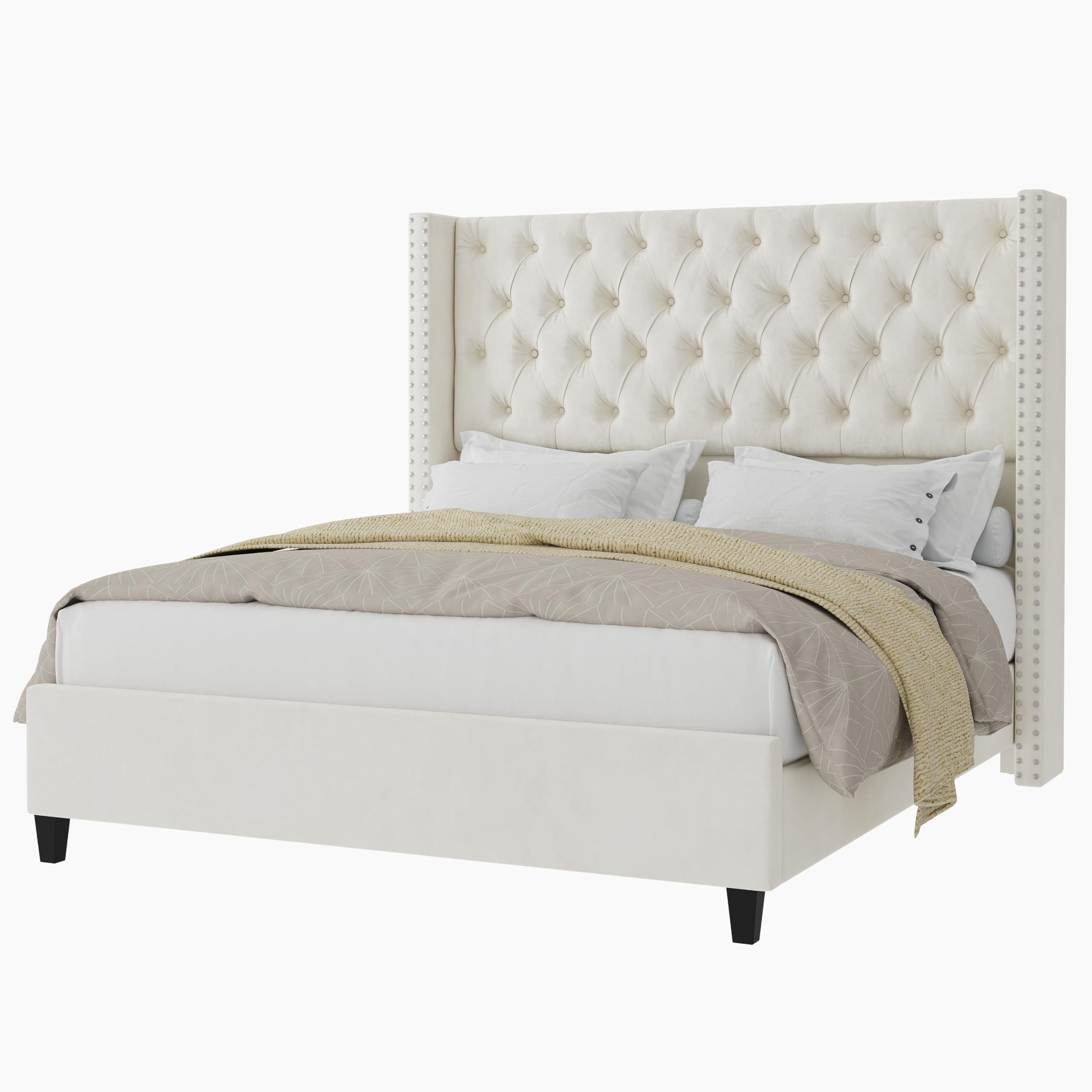 Merluxy King Bed Frame with Deep Button Tufted and Velvet Wingback Headboard,No Box Spring Needed,Cream