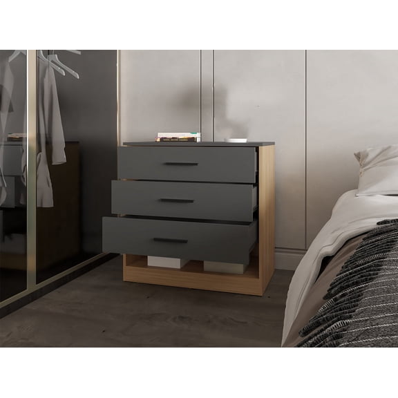 Knubmt Wood Nightstand with Open Shelf, 3 Drawers Beside Table for Living Room, Bedroom, Brown   Gray