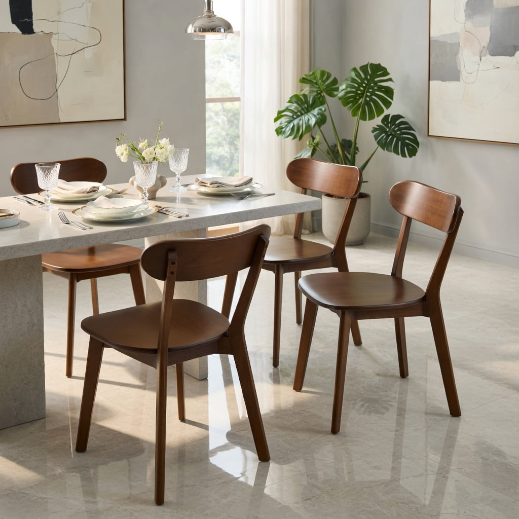 Hommoo 4 Pcs Mid Century Modern Solid Wood Dining Chairs, Ergonomic Curved Back, Adjustable Leveling Feet, for Dining Room, Kitchen & Living Room, Walnut