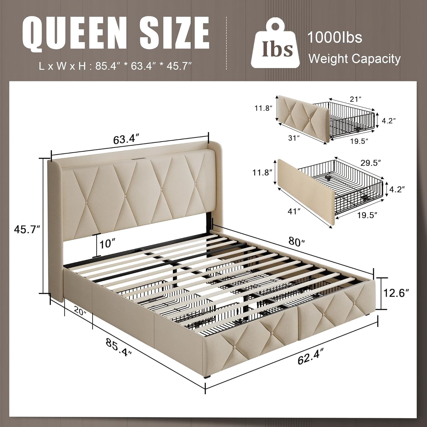 iPormis Queen Size Bed Frame with Charging Station , Upholstered Bed with 4 Storage Drawers,Beige