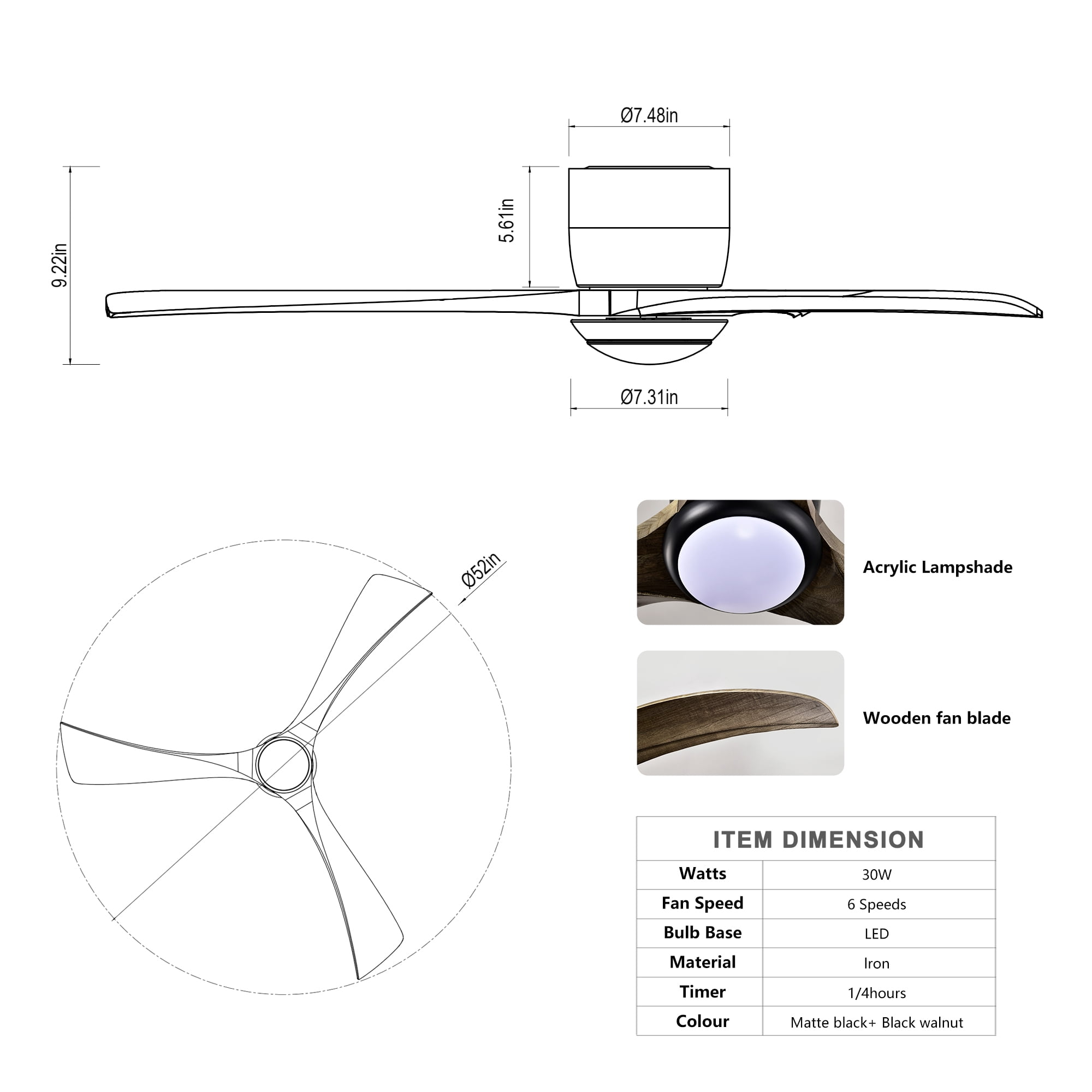 Leumius 52" Solid Wood Blades Ceiling Fan with Light and Remote Control, Noiseless Reversible Motor, 6 Speed for Patio Living Room, Bedroom Black