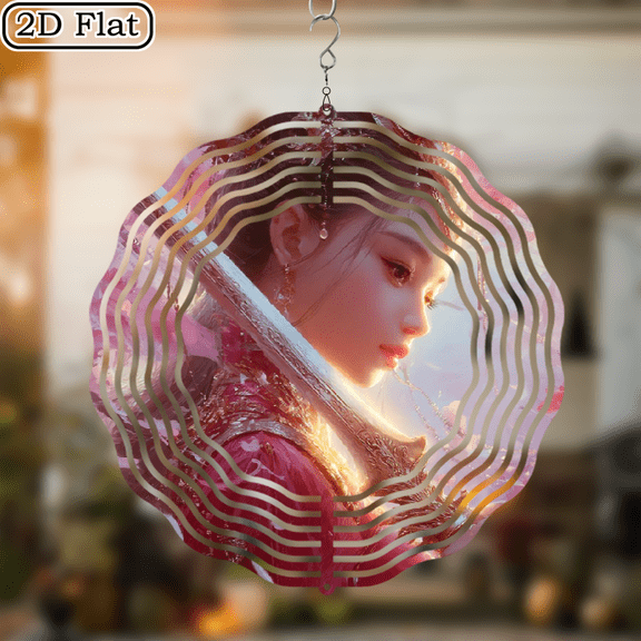 2D Flat 1pc Large 10x10 Inch Metal Wind Chime - Elegant Floral Hanging Decor with Pastel Pink Golden, 360 Rotatable Ornate Decoration for Christmas, Halloween, Home, Office, Party - No Electricit