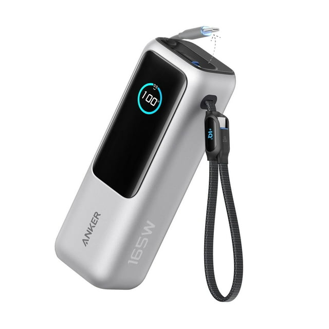 Batería Externa Anker Negra 25,000 mAh 100W USB-C con Cables Integrados y Retráctiles para Laptops y