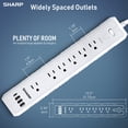 thumbnail image 3 of Power Strip Sharp 6 enchufes protegidos contra sobretensiones, 4 USB, color blanco, 3 of 7