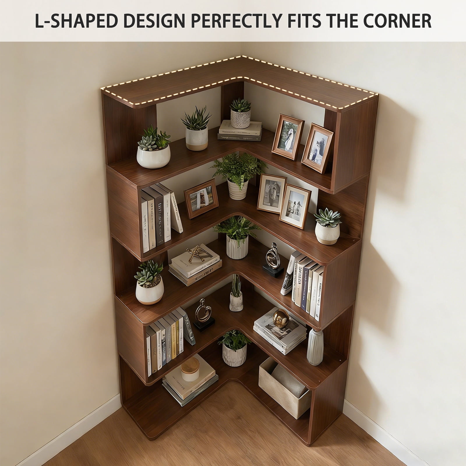 Bookshelf, 6 Tier Corner Shelf with Baffle and Anti-Tip Device, MDF Board for Living Room Bedroom Home Office Display, Walnut Finish