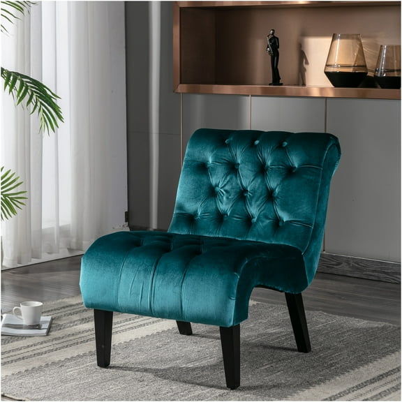 JERFIT Modern Teal Velvet Accent Chair, Armless Upholstered Barrel Chair with Button Tufted Back and Wooden Legs for Living Room, Bedroom, Office