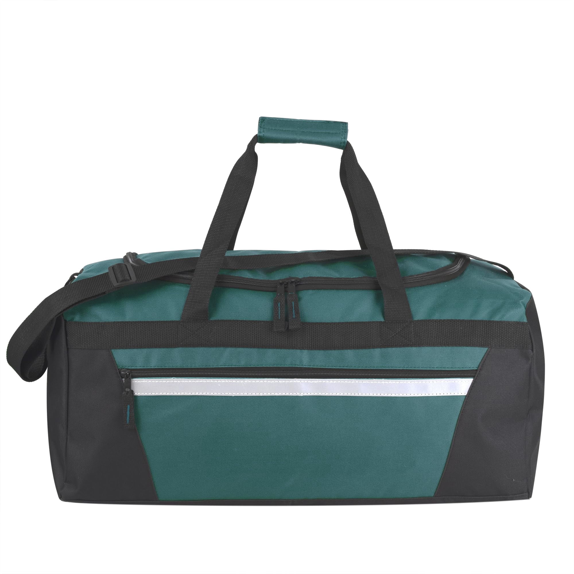 24 Pack of Bulk Wholesale 40 Liter 22 Inch Duffle Bags with Reflective Stripe, Front Accessory Pocket, Velcro Handles and Luggage Strap for Sports, Gym & Traveling in Green