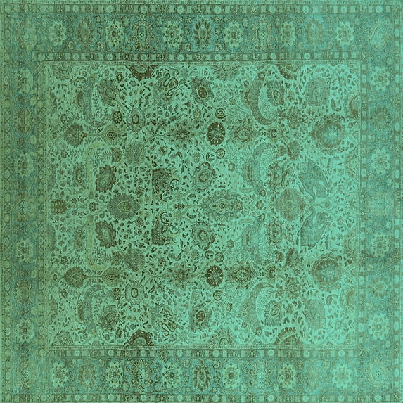 Ahgly Company Machine Washable Indoor Square Oriental Turquoise Blue Traditional Area Rugs, 7' Square