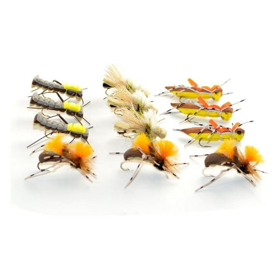 Trout Fly Fishing Flies Assortment - 12 Flies, 4 Patterns - Foam Body Dry Flies for Trout, Bass & Panfish - Hand Tied Fly Collection Assorted Hopper Flies Hook Size 10