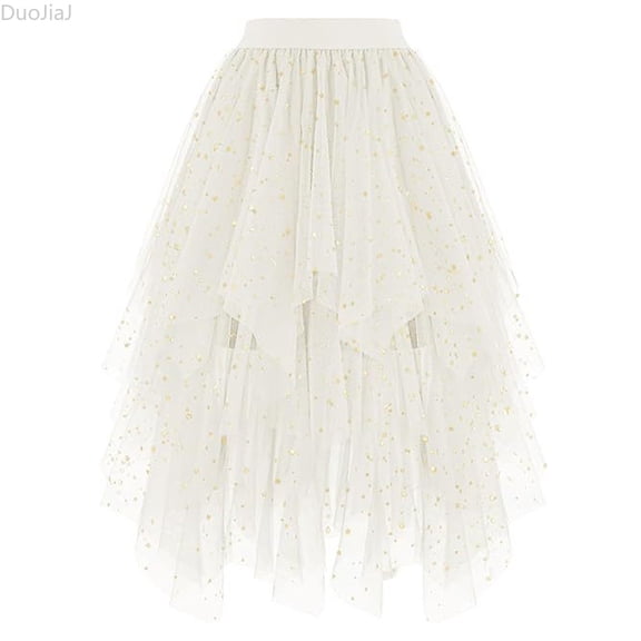 DuoJiaJ Tulle Skirts for Women Midi Long Skirt Tutu A-Line Mesh Layered High Elastic Waist Skirts Beige L