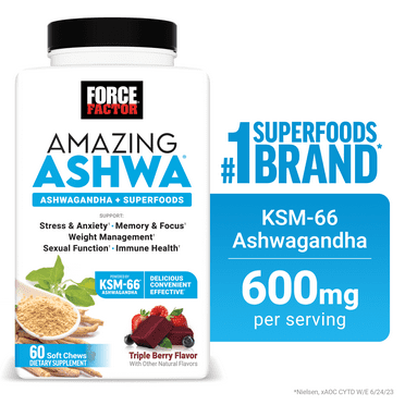 Amazing Ashwa, Ashwagandha Gummies Alternative, KSM-66 Ashwagandha Supplement, Triple Berry, 60 Chews, by Force Factor