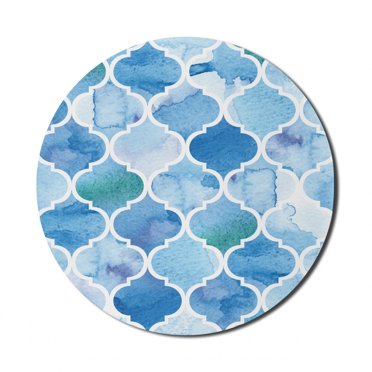 Watercolor Mouse Pad for Computers, Abstract Moroccan Trellis Geometric Pattern Curves Persian Mosaic Design, Round Non-Slip Thick Rubber Modern Mousepad, 8" Round, Blue Baby Blue, by Ambesonne