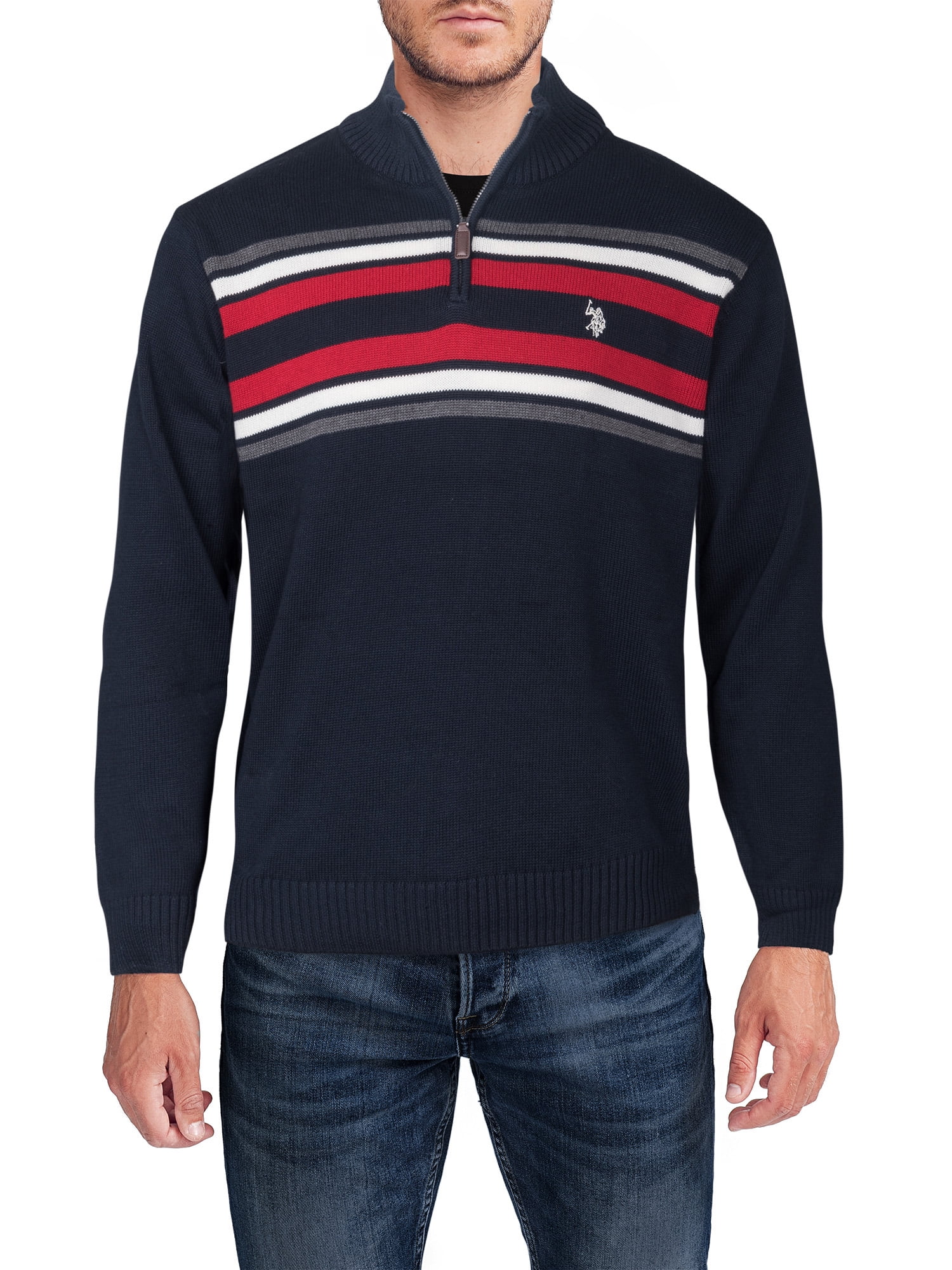 U.S. Polo Assn Men's Chest Striped Quarter Zip Sweater - Walmart.com